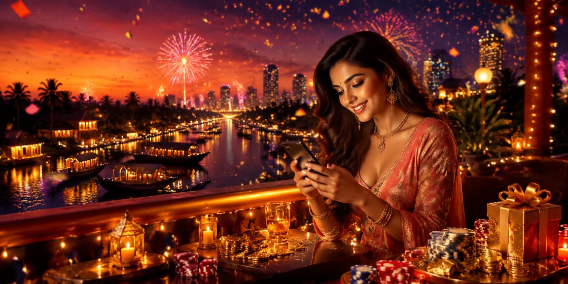 Scenic Kerala backwaters and casino app usage at night market