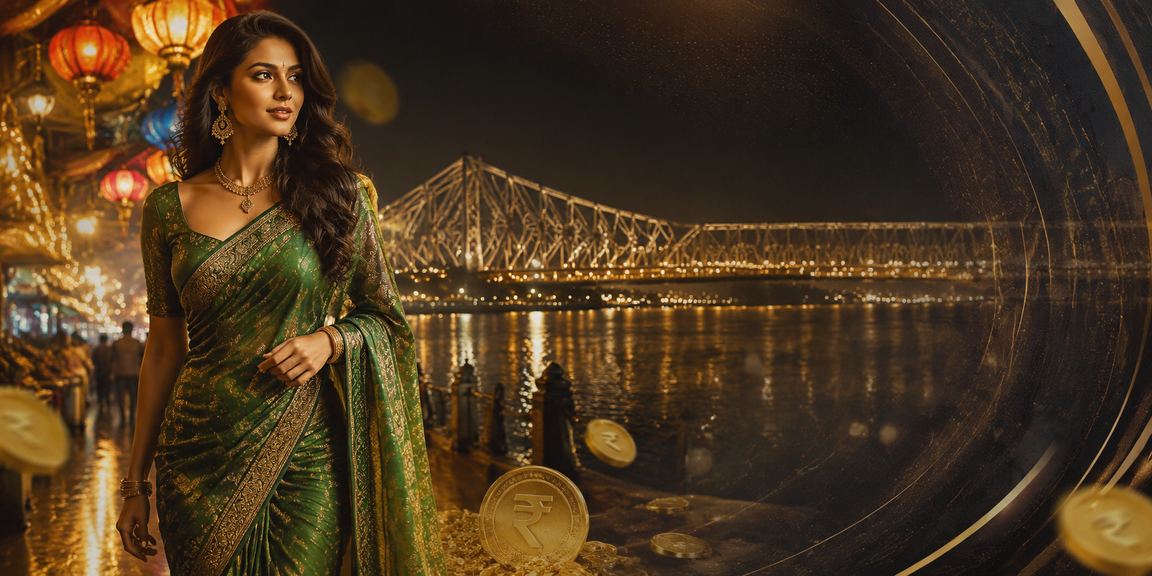 Woman betting on satamatak mobile app in Kolkata with Howrah bridge in background